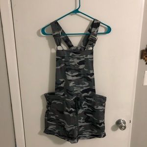 Camo overalls with adjustable tie waist